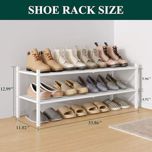 Image of Smiry Bamboo Shoe Rack, 5 Horizontal Slats, 2 Tier - 33.9 inch Wide, White