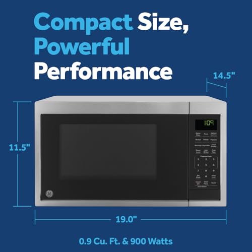 Image of GE Countertop Microwave Oven, Compact 0.9 Cubic Ft., 900-watt Capacity, 7 Auto Cooking Settings, Child-Lock Technology, Kitchen Essentials for The Countertop, Dorm Room or Apartment, Stainless Steel