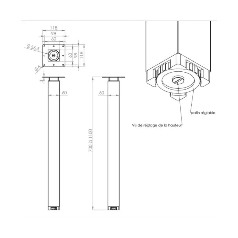 Pied de table bar plan de travail carré ZOOM réglable acier - 6