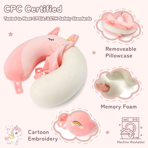 Image of Kids Travel Neck Pillow for Ages 3-8, Memory Foam, Removable Cover, Unicorn | Machine washable, 13 in neck size, hidden zipper, 360-degree head and chin support, car seat and airplane use