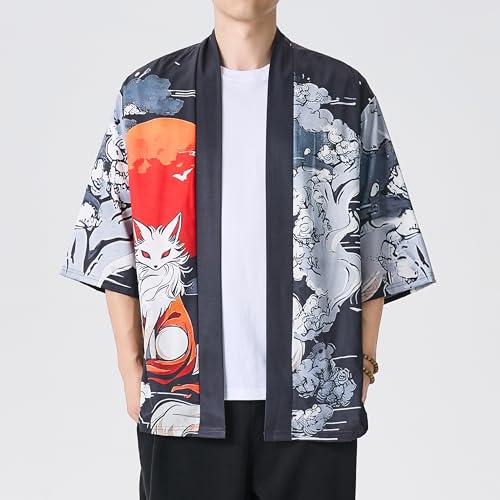 Image of Men's Japanese Kimono Robe Jacket Lightweight 3 /4 Sleeve Open Front Yukata | Silky Smooth Fashion Print Happi Coat Lightweight Breathable Loose Unisex Haori Casual Summer Cardigan Daily Beach Vacation