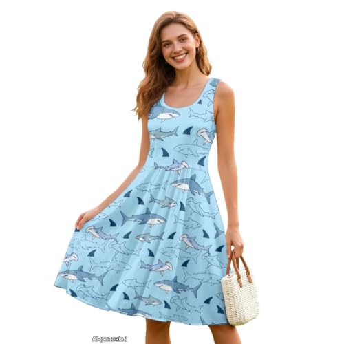 Image of Women Stylish Tank Dresses Sleeveless Round Neck Midi Casual Dress with Pocket for Summer
