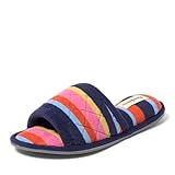 Dearfoams Women's Summer Memory Foam Indoor House Slide Slipper, Terry Stripes, 9-10