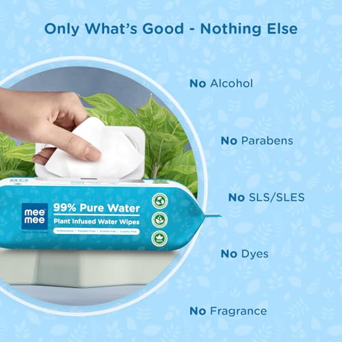 Image of Mee Mee Pure Water Wet Wipes 80 Count x 4 Pack 320 Wipes | Unscented, Plant-Derived, Thick & Soft Baby Wipes | Gentle for Newborn & Sensitive Skin with Lid