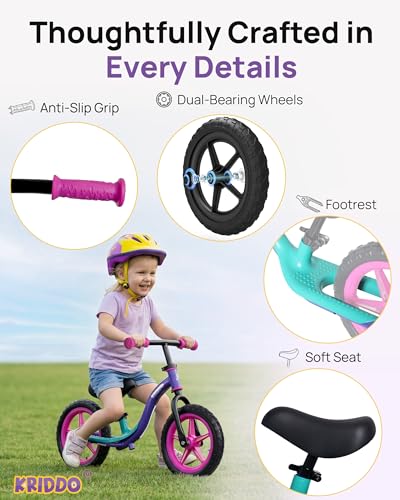 Image of KRIDDO Toddler Balance Bike 2 Year Old, Colorful Lighting Kids Balance Bike for 2-5 Years Old, 12 Inch Balance Bicycle with Riding Buddy, Tool-Free, Adjustable Seat, Handlebar, Gift for 2-3 Girls Boys