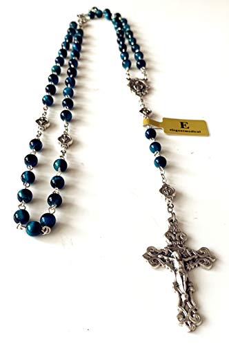elegantmedical Handmade Blue Tiger Eye Beads Our Lady of Grace Rosary Cross Necklace Catholic Gifts3