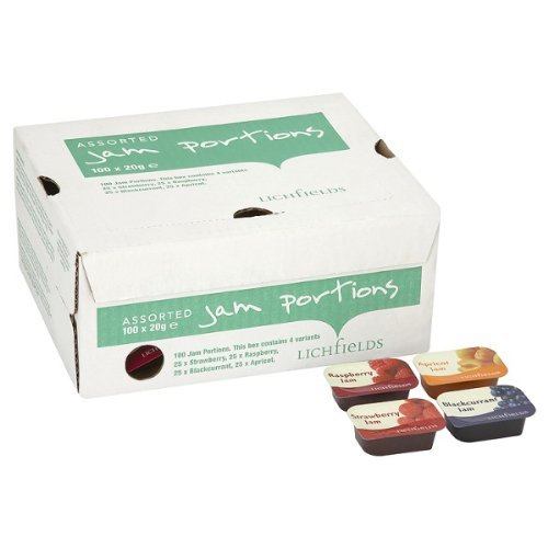 Lichfield 100 porciones de mermelada contienen 4 variantes, 25 fresas, 25 frambuesas, 25 grosellas negras, 25 albaricoque, 2 x 20 g cada una