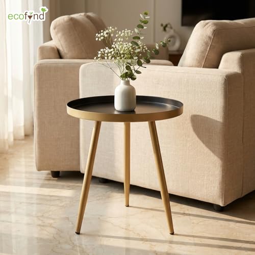 Image of ecofynd Multipurpose 12 Inch Coffee Table with Strong Metal 3 Legs, Sofa Side Corner Table, End Table, Plant Stand for Living Room, Hall, Bedroom, Home & Office Small Spaces (CT104-BLKGO)