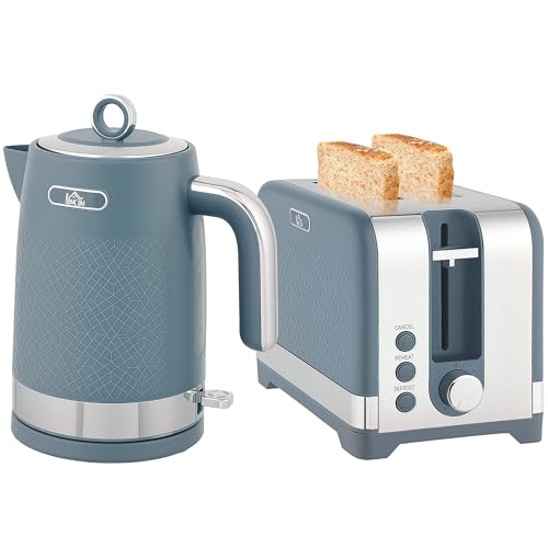 HOMCOM Kettle and Toaster Set, 1.7L 3000W Rapid Boil Jug Kettle with Otter Thermostat, Limescale Filter, 2 Slice Toaster with 7 Browning Controls, Crumb Tray, Blue