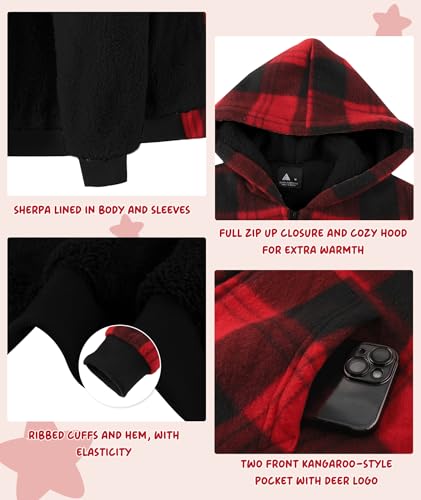 Image of V VALANCH Boys Flannel Jacket Hooded Fleece Lined Zip-up Hoodies Plaid Coat for Kids