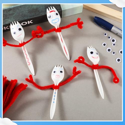 relaxgiant 50 set fork craft kit diy disposable creativity sporks red pipe cleaners self adhesive wiggle googly eyes make your own craft kit