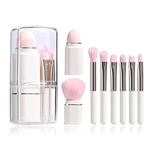 JPNK Portable Makeup Brushes For Travel Makeup – 8 in 1 Travel Loose Powder Brush, Angled Brush,Foundation Blending Lip Brush Retractable Makeup Brushes Sets (White)