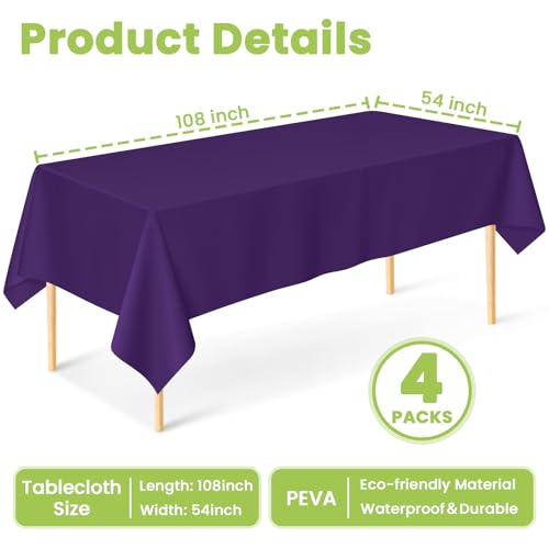 Image of Mulbozy 4 Pcs Purple Plastic Table Cloth Disposable, 54 x108 Inch