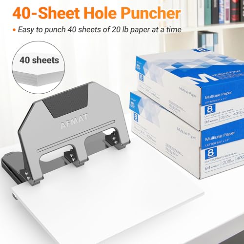 Image of AFMAT 3 Hole Punch, 9 /32 inch Hole Diameter, 40-Sheet 3 Hole Puncher for Binder, 50% Reduced Effort, Metal Heavy Duty Hole Puncher w / 10,000+ Uses, Bulit-in S.S. Paper Guide, Large Chip Tray, Gray, HPX3