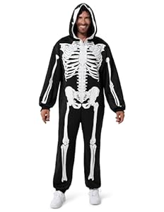 Spooktacular Creations Skelettkostüm – Plüsch-Skelett-Pyjama für Erwachsene, Herren, mit Reißverschluss, Halloween-Overall für Mottopartys (L) Schwarz