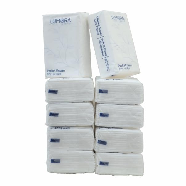 Pocket Tissues Packs - (100 Tissues) 10 Packets | 3-Ply Soft Super Absorbent Small Tissue Packet | Travel and Pocket Size Tissue Papers for Office, Car, Bathroom, Easy To Carry
