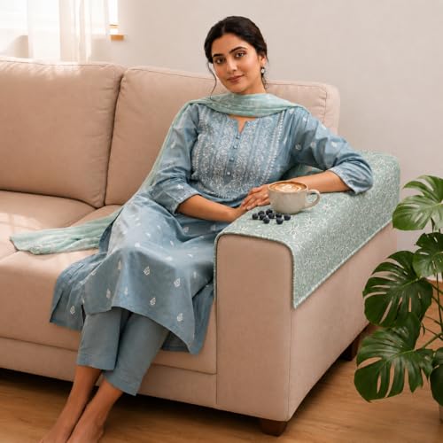 Image of STITCHNEST 'Verdant Phool Stories' Sofa Armrest Cover | Elegant Jacquard Fabric, Washable & Durable for Modern Living (18 x 22 Inches)