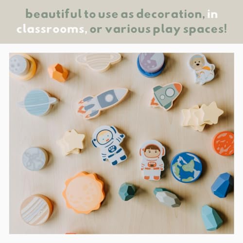 Image of Toddler 30 Piece Stacking Wood Blocks Space Gift - Montessori 2 Year Old Fine Motor Skills Toy Learning Stacking Shape Sorter Sensory Preschool Busy Journey to the Moon (Book and Block Set, Wood)