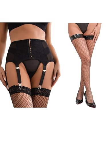 Medias rejilla mujer talla grande 3XL-5XL y ligueros de encaje negro sexy