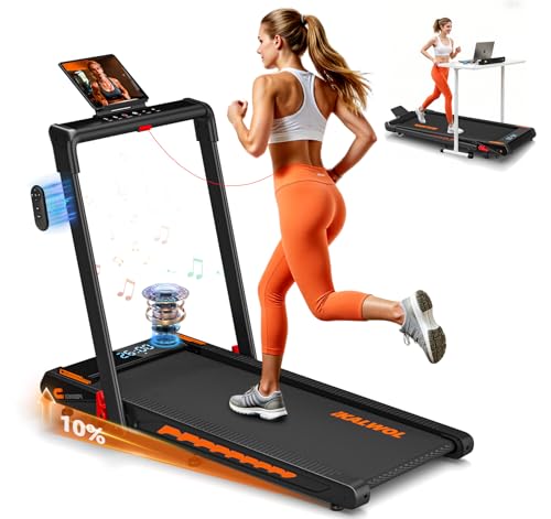 Laufband für Zuhause mit Bluetooth Lautsprecher, 6 in 1 12km/h Walking Pad Laufband mit 10% Steigung, 3.0 HP Bürstenloser Treadmill für Zuhause & Büro mit LED-Display, 12 HIIT-Programme, Bis 160 kg