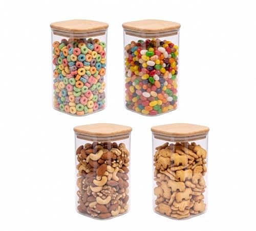 Image of 1500ML Airtight Square Glass Storage Jar with Bamboo Lid & Silicone Seal, Borosilicate Container for Rice, Dal & Dry Fruits | Transparent Stackable Multipurpose Pantry Organizer (Pack of 4)