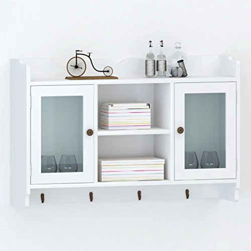 Black Friday - 80% OFF Festnight Wall Mounted Display Cabinet Shelf with 2 Glass Door Storage and 4 Hooks Book DVD Collectables Entryway Living Room Home Office Wall Decor Furniture White