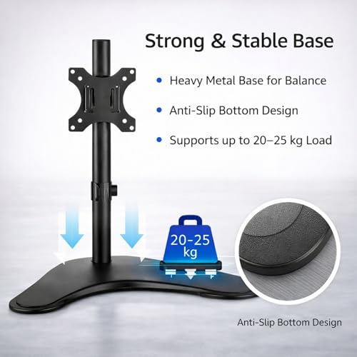 Image of RISSACHI Monitor Stand for Desk, Freestanding Single Monitor Arm, Height Adjustable Mount for 14-27 Inch Screens, Supports Up to 25kg, VESA 75x75 & 100x100 mm