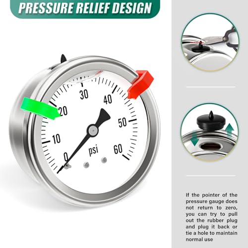 Image of 0-60PSI Stainless Steel Liquid Filled Pressure Gauge, 2.5 inch Single Scale Face Dial, 1 /4 inch NPT Back Mount, for Tube, Water Pump, Gas, Liquid, Pressure Test (with Range Mark Pointer)