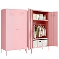 Fumedo Metal Wardrobe Coat Cabinet with Adjustable Shelves and Hanging Rod,Storage Closet Locker for Bedroom,Kids Room,Office, Home, School,Almirah for Clothes,Blanket. (2 Door Long Rod, Pink)
