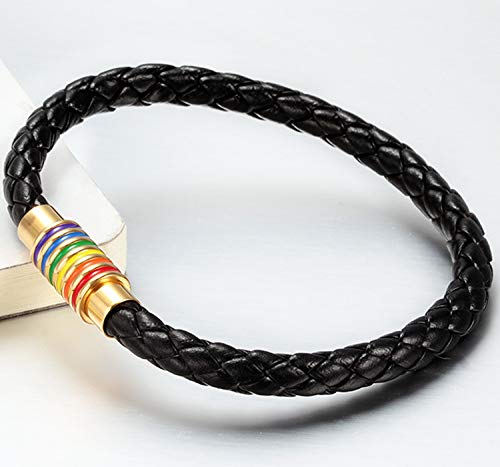 Nanafast Stainless Steel Rainbow Lgbt Pride Handmade Braided Lgbtq Pride Bracelet Leather Weave Plaited Waistband Jewelry Black Gold 7.48 Inches #TOP2