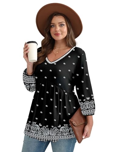 Image of OFEEFAN 3 /4 Length Sleeve Womens Tops 2026 Blouses for Women Dressy Casual Fashion Clothing V Neck Babydoll Tops Fall Outfits
