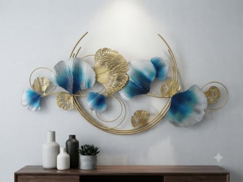 Image of SMILES GIFT Luxury Imported Wall Hanging Large Abstract Metal Wall Art Piece Gold & Teal Sculpture for Home Decor for Living Room & Office