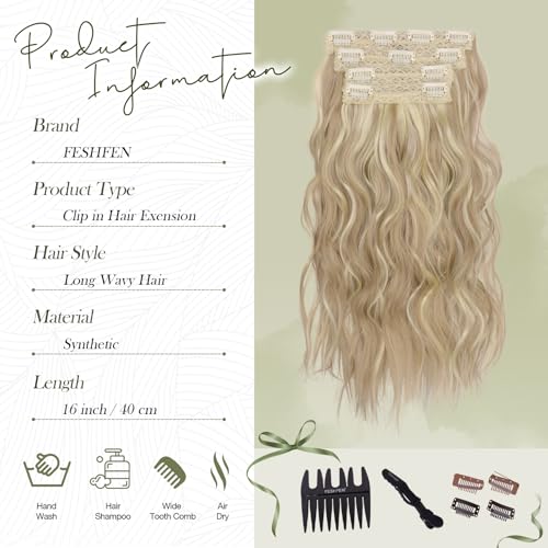 FESHFEN Clip in Hair Extensions 4PCs Long Wavy Thick Hair Piece Highlighted Full Head Synthetic Natural Curly Dirty Blonde Extension for Women, 16 Inch - Image 4