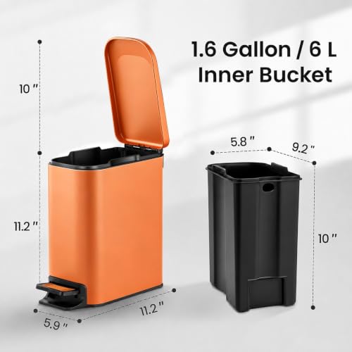 Image of TIPGO Small Bathroom Trash Can with Lid, 1.6 Gal, Soft Close, Orange | Foot Pedal, Soft Quiet Lid, 5.9'' Slim for Narrow Space, Stainless Steel, Anti-fingerprint, Removable Inner Bucket, Odor Seal