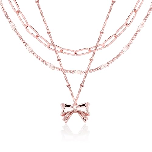 Rose Gold Layered Necklaces for Women,Rose Gold Plated Dainty Stackable Choker Necklaces for Women,Trendy Layering Small Thin Bow Paperclip Chain Pendant Jewelry Set Gifts