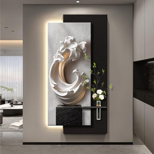 3D Sandstone Wall Art With Warm LED Lights, Sandstone Wall Decor With Remote, Modern Textured 3D Art With Faux Greenery & Vase, For Living Room Bedroom Office Entry(Black 1,50x100cm/19.7x39.4in)