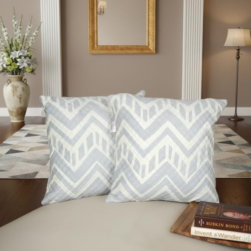 Image of STITCHNEST 'QuadraNest' Series Printed Quilted Velvet Cushion Cover 16x16 Inch Set of 2 | Premium Soft Fabric, Washable & Fade Resistant | Decorative Living Room Cushion Covers | Grey & Ivory Zigzag