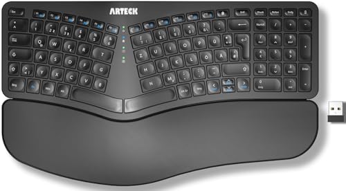 Arteck ergonomisches Split Tastatur mit gepolsterter Handgelenkauflage 2.4G USB Kabellose Komfortables Split Keyboard mit natürlicher Ergonomie für Windowscomputer und Laptops