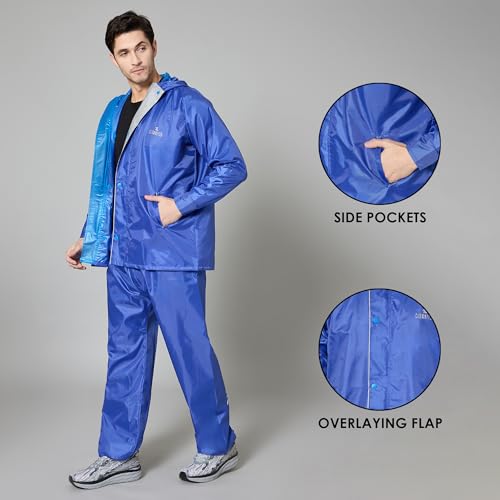Image of THE CLOWNFISH Rain Coat for Men Waterproof Raincoat with Pants Polyester Reversible Double Layer Rain Coat For Men Bike Rain Suit Rain Jacket Suit Inner Mobile Pocket, Storage Bag (Royal Blue XXXL)