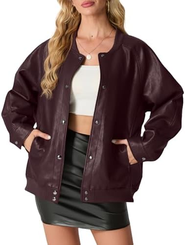 Lepunuo Women's Faux Leather Bomber Jacket Casual Loose Leather Moto Biker Coat Fall Fashion Winter Outfits