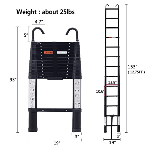 12.75Ft Telescoping Ladder Black, Alohappy One Button Retraction Aluminum Telescopic Extension Ladder Lightweight Ladder Extendable Multi-Purpose Ladder For Roof Business,Household,Rv 330Lb Capacity #TOP4