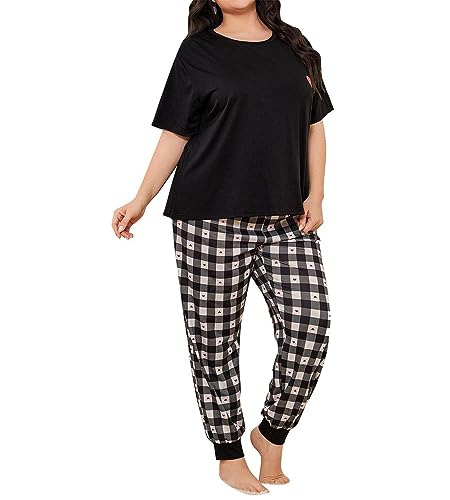 Pyjama grande taille en tissu doux avec pantalon plaid et haut noir col rond