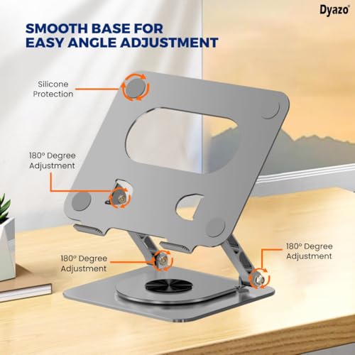 Image of Dyazo 360 Rotating Laptop Stand | Height Adjustable Laptop Riser for Desk | Foldable Metal Notebook Holder with Swivel Base | Compatible for MacBook, HP, Dell, Lenovo & All 10-15.6 Inch Laptop (Grey)