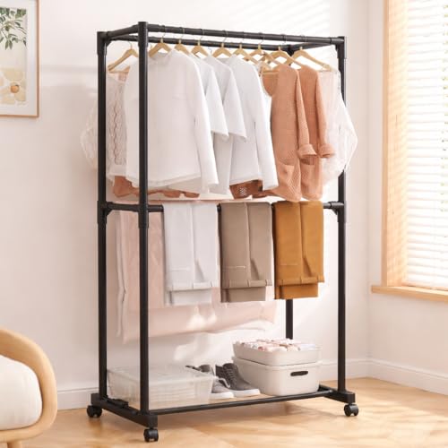 Image of Owme Portable Double Layer Clothes Drying Stand for Home | 2 Tier Rolling Laundry Rack with Wheels | Stainless Steel Garment Drying Rack for Balcony, Bedroom & Utility Area - POLE BLACK