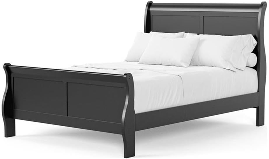 BOWERY HILL Transitional Solid Wood Panel Full Bed, Black Finish, Sleigh Design with Curved Headboard and Footboard, 83.5" L x 56.25" W x 47.25" H, Kids or Guest Bedroom Furniture
