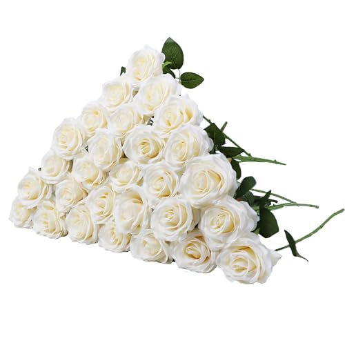 LVEFIT Artificial Rose Flower Ivory Flowers Ivory Roses White Roses Silk Flowers 30 pcs with Long Stem Silk Roses Bouquet for Wedding Bridal Shower Party Home Decoration