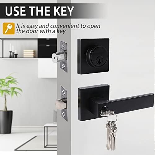 Exterior Door Lock Set with Deadbolt, Front Door Handle Set with Deadbolt, Door Levers Single Cylinder Deadbolt Set, Keyed Alike Heavy Duty Keyed Entry Handles Locksets,(Matte Black,3Pack) - Image 2
