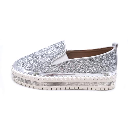 Image of Women's Platform Rhinestones Glitter Fashion Sneakers Comfortable Slip On Flat Loafers Walking Wedding Dress Shoes Casual Shoes