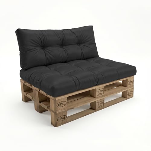 POKAR 2 Cojines para Europalés/Europalet Impermeable: 1x Cojín-Asiento 120x80x12cm +1x Cojín-Respaldo 120x40x12cm, Espuma Fría, para Sofá de Paletas, sin Palés, Negro