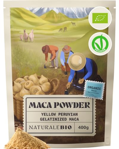 NaturaleBio Organic Maca Powder 400g. Peruvian Natural and Pure from Organic Maca Root. Vegetarian and Vegan Friendly - Gelatinised